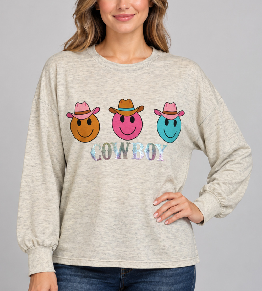 Avery Apparel L Gray Cowboy Smiley Face Graphic Sweatshirt / T-shirt Western